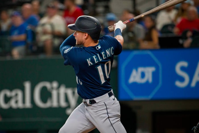 Sep 22, 2023; Arlington, Texas, USA; Seattle Mariners left fielder Jarred Kelenic (10) hits a double against the Texas Rangers during the fifth inning at Globe Life Field.